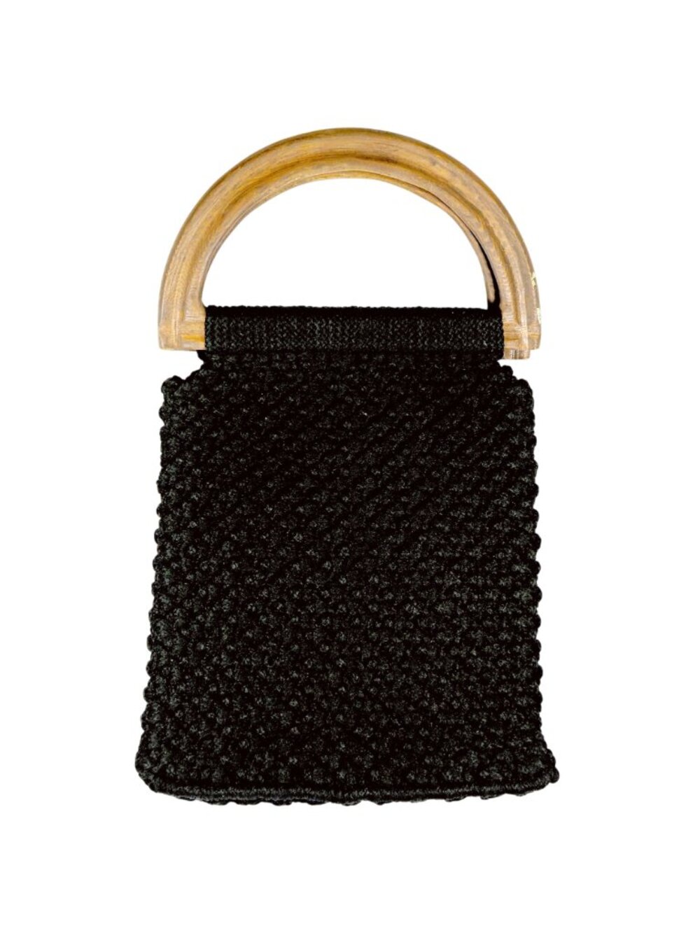 Vintage 1970s Black Macrame Purse with Wooden Handles & Floral Lining - Picture 3 of 6